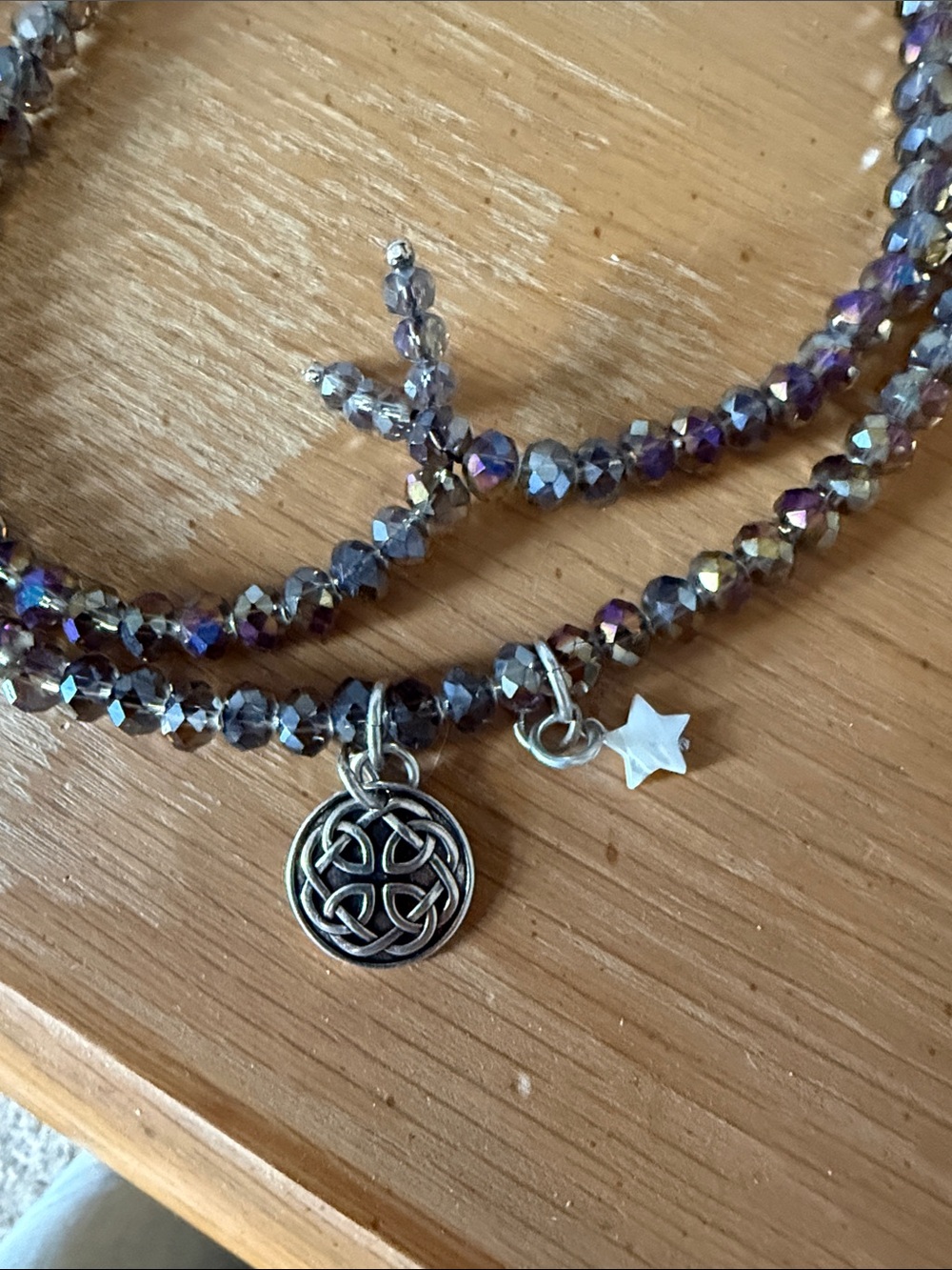 Multi-Strand Iridescent Beaded Women’s Bracelet with Celtic Charm - Picture 2 of 4